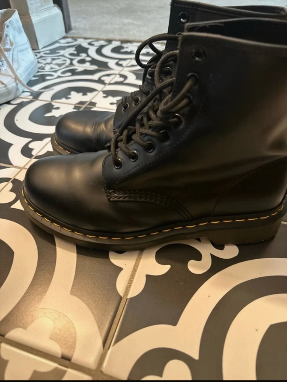Dr. Martens Black Leather Lace-Up Combat Boots with Yellow Stitching